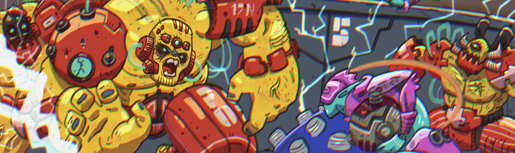 a cartoon image of a huge yellow orcoid in red sports gear charging at a blue and pink elf